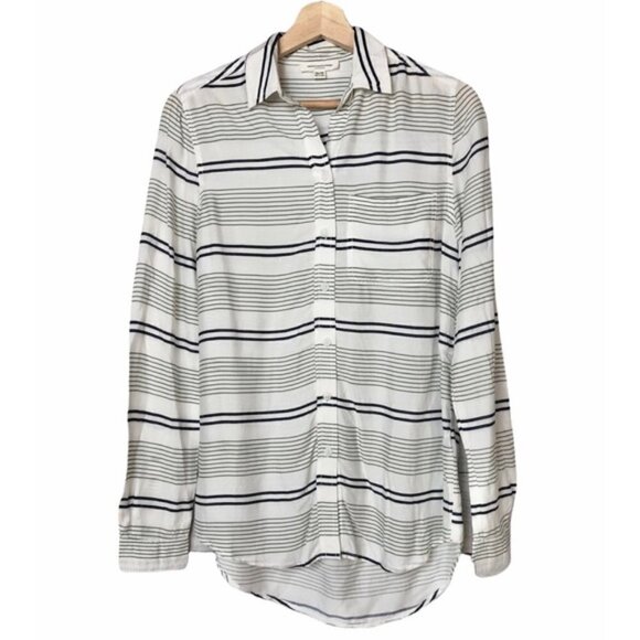 Beachlunchlounge Green Blue Striped Boyfriend Button Down Long Sleeve Top XS - Picture 1 of 6